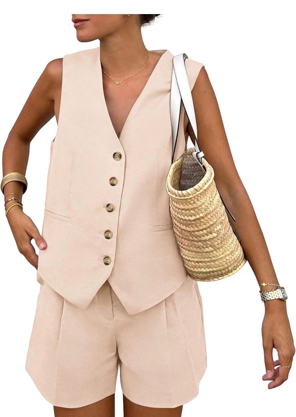 NWT PRETTYGARDEN Women Summer 2 pc Outfit Sleeveless Button-Down Vest Shorts MED